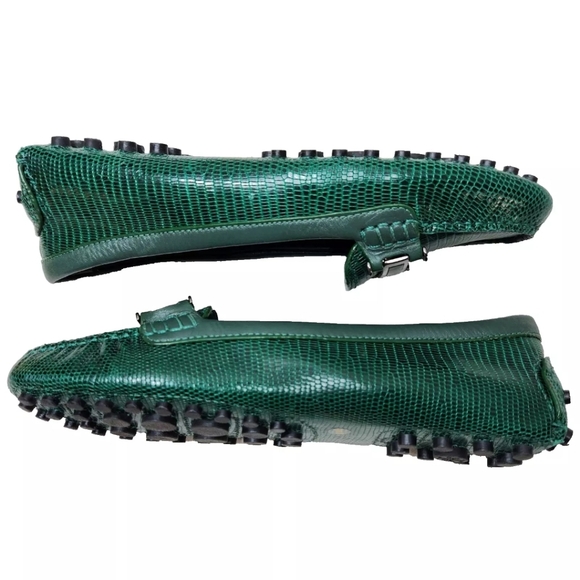 TORY BURCH Green Snakeskin Driving Mocs Loafers Sz 8.5 Leather Driver Flats - Picture 8 of 13